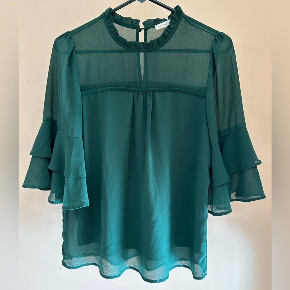 Monteau Los Angeles Emerald Green Blouse | Women S | Ruffle Sleeve Flowy Top - Picture 1 of 9